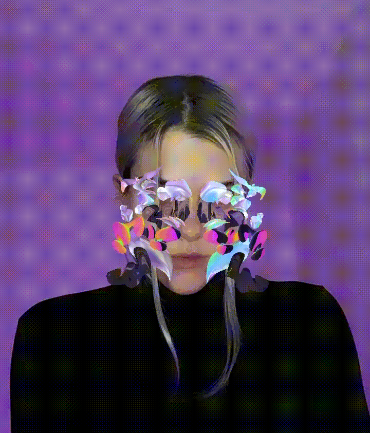 Virtual reality violet flower art on the face by artist Kat Vlasova