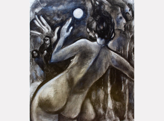 Artwork 'Are You a Dead Ghost or a Living Ghost' depicts ethereal figure in moonlit forest, painted in moody grays and blues by Dara Theodora