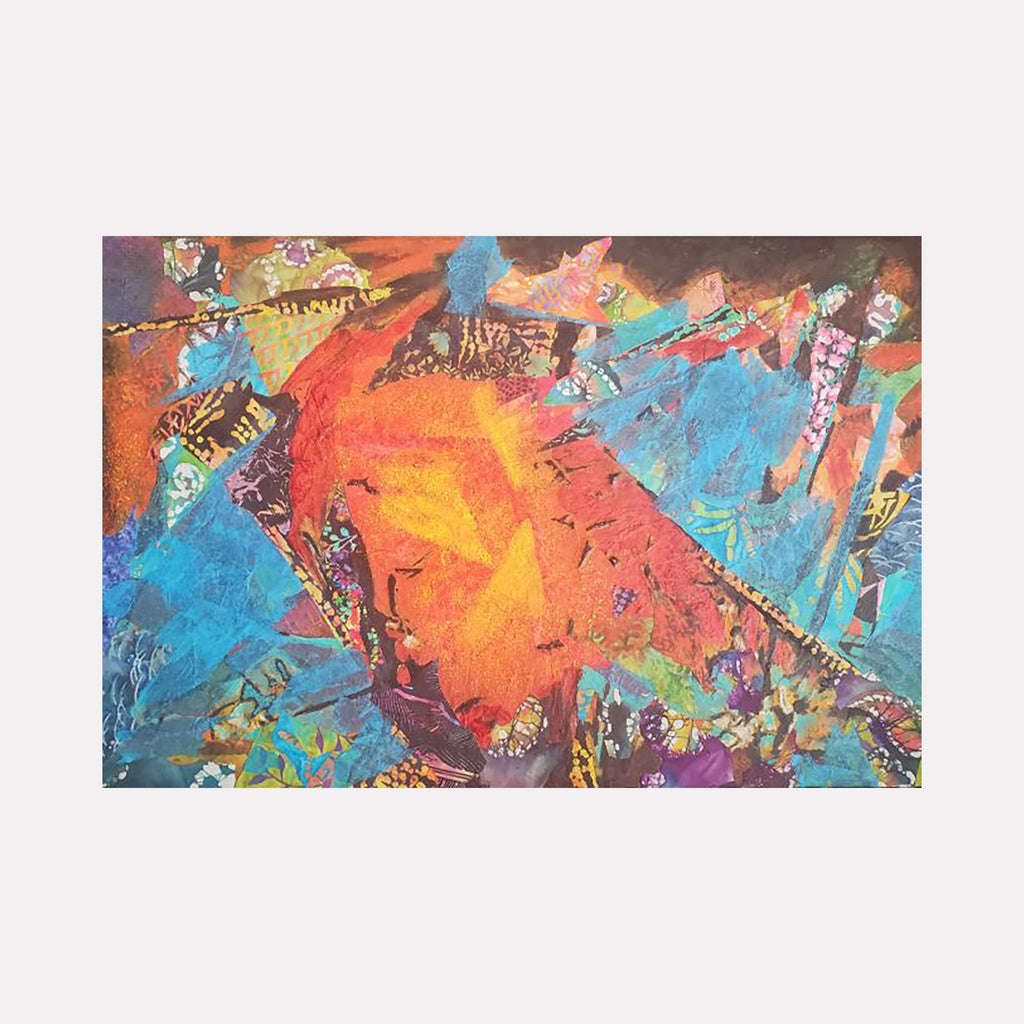 The artwork 'Double Gate' by James Ehling features vibrant abstract expressionism with dynamic interplay of turquoise blue and fiery orange hues. Textural elements created with acrylic, fabric, and tissue paper form sweeping diagonal compositions. Dark purple undertones and expressive brushstrokes create depth and movement across the 20x30 inch canvas.