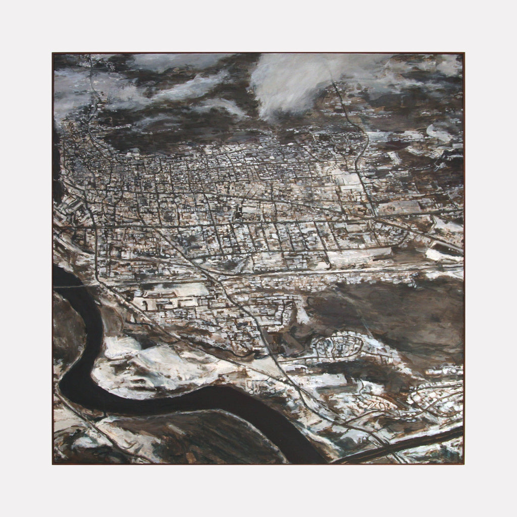 The artwork 'New England Thaw' by Christopher Blyth depicts an aerial view of a snow-covered New England town with intricate street patterns and urban development alongside a winding river. The oil painting utilizes a monochromatic palette of browns, whites, and grays, creating a stark winter landscape with detailed architectural elements and dramatic cloud formations.