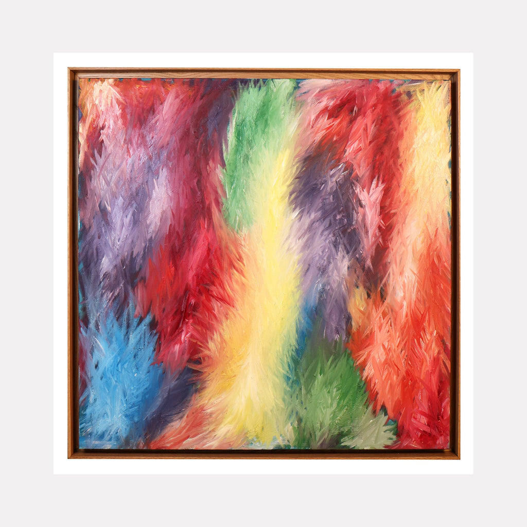 The artwork 'Rising 5' by Bill Burns features vibrant, feathery brushstrokes in a dynamic spectrum of colors. Bold reds, luminous yellows, serene blues, and fresh greens swirl together in vertical streams, creating an energetic abstract composition. The oil painting's textured surface suggests movement and ethereal qualities, framed in elegant gold, measuring 36x36 inches.