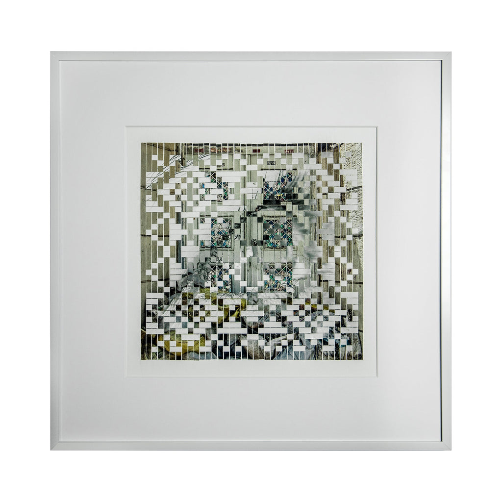 The artwork 'The Once Precious...' by Kiana Honarmand features an intricate mosaic pattern created from hand-cut and woven giclee prints. The geometric composition displays a pixelated effect in shades of gray, white, and subtle blue tones, arranged in a mesmerizing checkerboard pattern within a crisp white frame. The 18x18 inch piece creates an abstract, digital-inspired aesthetic.