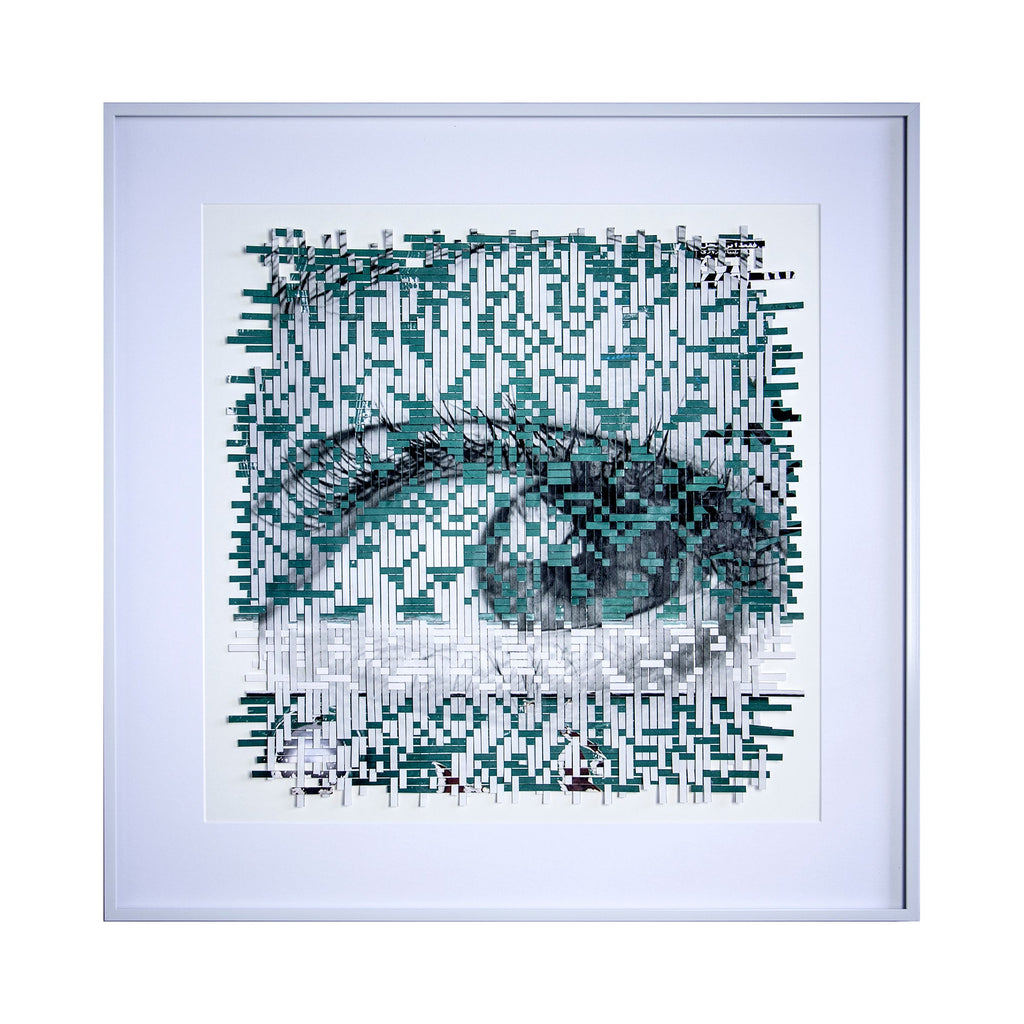 The artwork 'The Price of Choice' by Kiana Honarmand features a striking pixelated effect in teal and white, created through hand-cut and woven giclee prints. The abstract composition shows geometric patterns and fragmented shapes forming a mosaic-like design, where teal elements appear to cascade across the white background. Framed in white, measuring 28x28 inches.