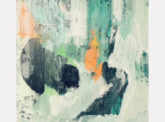 The artwork 'The World Keeps Turning' by Tammy Kushnir features an abstract mixed media composition with dynamic brushstrokes in teal, peach, and sage green. Dark navy forms create depth against a misty white background, while textured layers and gestural marks suggest movement and emotional energy in this 24x24 inch piece.