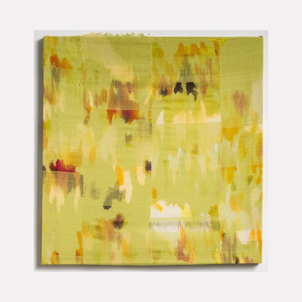 The artwork 'Untitled 13' by Victoria Manganiello features abstract brushstrokes in vibrant yellows, chartreuse, and burnt orange hues blending seamlessly across natural and synthetic fibers. The 38x36 inch textile piece displays a impressionistic pattern with subtle color variations and ethereal texture creating a luminous, dreamlike quality.