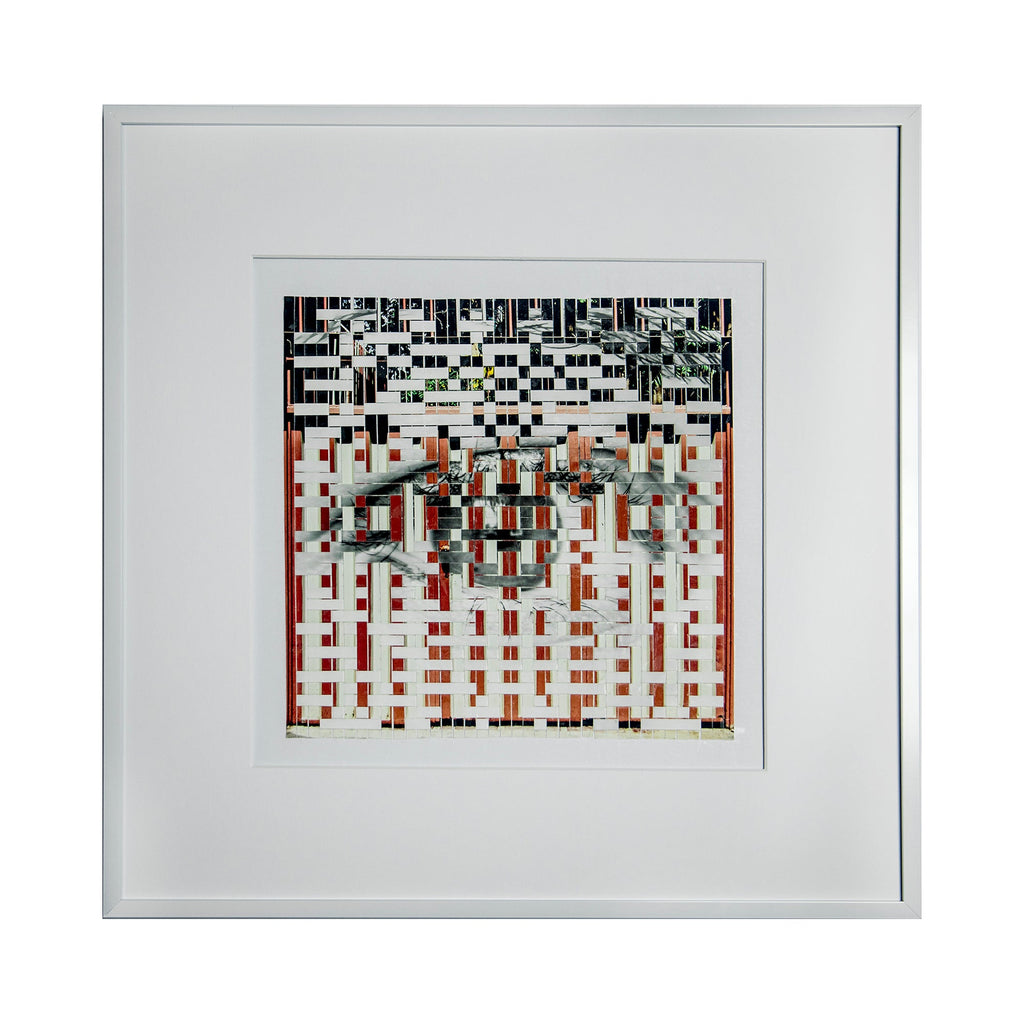 The artwork 'Vermillion Moments' by Kiana Honarmand features a geometric abstract composition of hand-cut and woven giclee prints. A mosaic-like pattern combines black and white pixels in the upper portion, transitioning to vibrant vermillion red segments below. Metallic teal accents create depth in the central area, framed in crisp white matting.