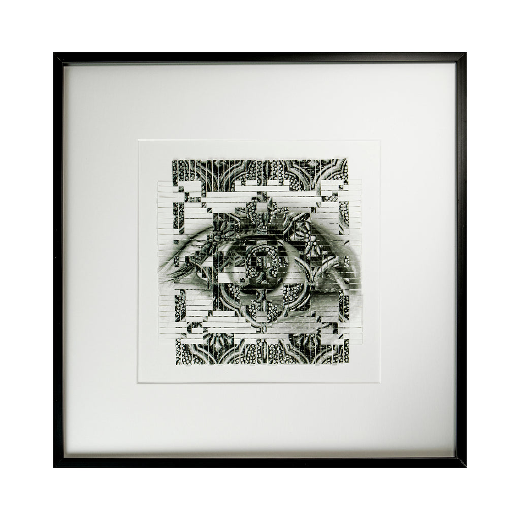 The artwork 'Window' by Kiana Honarmand features an intricate black and white composition created from hand-cut and woven giclee prints. The design showcases a central circular pattern with ornate geometric and floral motifs, surrounded by symmetrical decorative borders. The piece is displayed in a clean white mat and black frame, creating a striking monochromatic contrast.