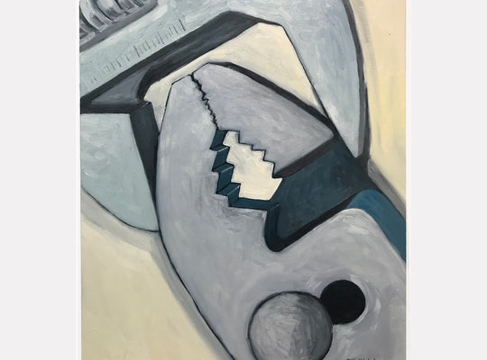 The artwork "Tenderness. HandTools 4" by Val Sivilli depicts an abstract close-up of a wrench and pliers intertwined, rendered in a cold, muted palette of grays and blues with textured brushstrokes. The composition combines industrial realism with painterly abstraction, evoking the precision of Chuck Close and the tonal subtlety of Edward Hopper.