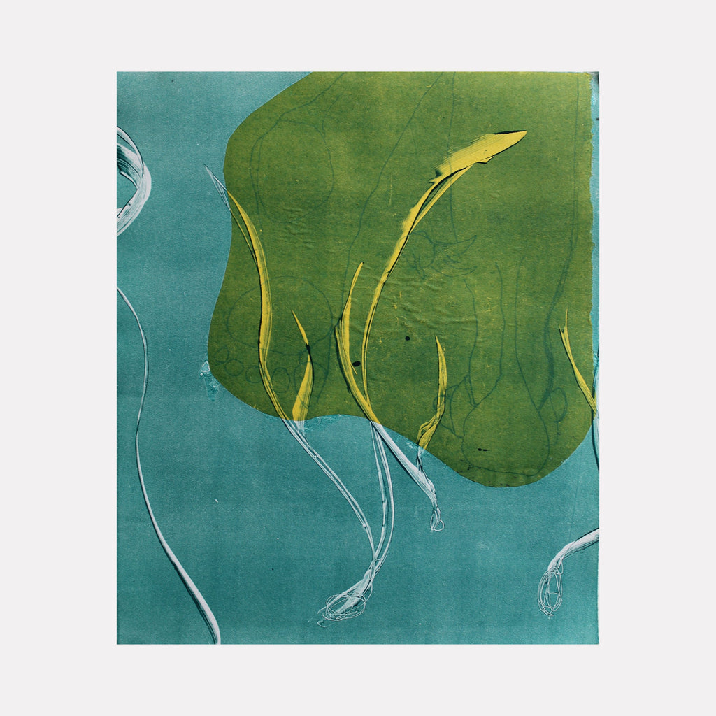 The artwork 'Seaweed Bed' by Johanna Ryan features an abstract marine composition with a large green organic form resembling kelp or seaweed floating against a serene turquoise background. Delicate silver-white tendrils curve through the composition, creating fluid movement and depth in this chine colle monotype print.