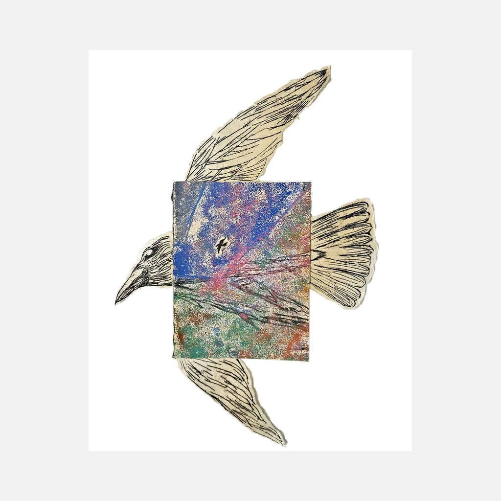 The artwork 'Sky/ight' by Johanna Ryan features a striking bird collage combining delicate line drawings with a vibrant abstract center. The bird's form is created through intricate monotype sketching in cream tones, while its body contains a rectangular panel of swirling blues, purples, and teal textures. The composition merges naturalistic illustration with experimental mixed media techniques.