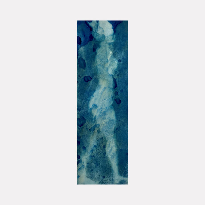 The artwork "Walk" by Cat Welch features an abstract, elongated human figure rendered in textured shades of blue and white, reminiscent of watercolor techniques. The piece evokes the fluidity of movement and shares stylistic elements with works by artists like Marc Chagall and Henri Matisse through its expressive use of color and form.