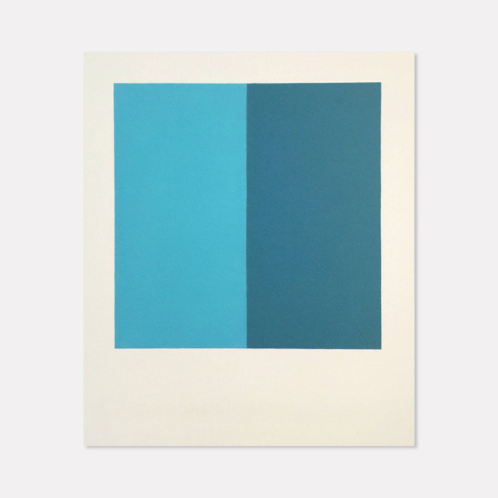 The artwork 'Recovery (Diptych)' by Shyun Song features a minimalist composition split into two equal vertical panels. The left panel displays a vibrant turquoise blue while the right panel shows a deeper, muted teal blue, creating a subtle color gradient effect. The oil on canvas piece is set against a clean off-white border, emphasizing the geometric precision and color interplay.
