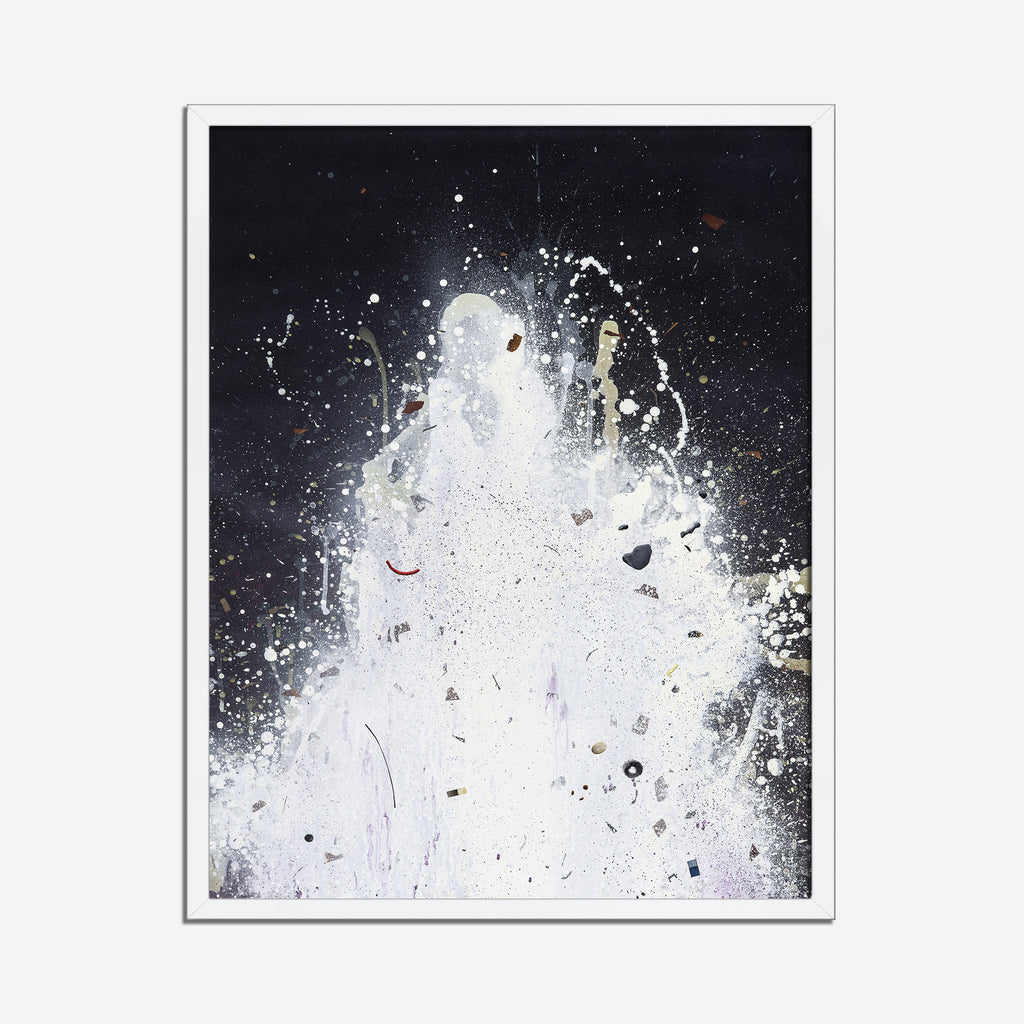 The artwork 'Night Geyser' by Theresa Bloise captures a dramatic eruption of white paint against a dark background, creating an abstract representation of a geyser's explosive force. Splashes and specks of white acrylic paint burst upward on paper, with scattered darker elements throughout, evoking a nocturnal natural phenomenon. The 30x22 inch composition contrasts stark white against deep black space.