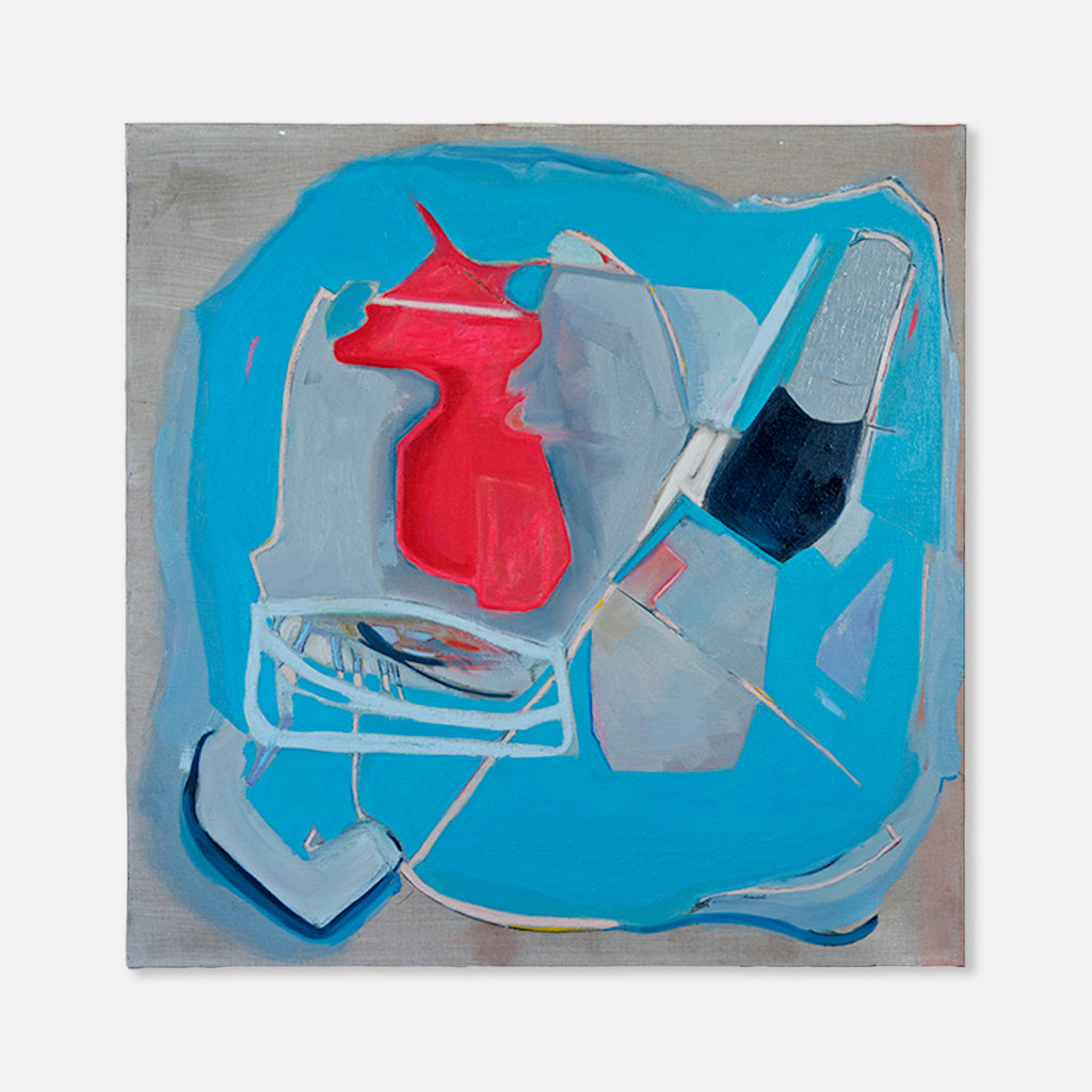The artwork 'The Mind/Body Problem' features abstract geometric shapes in vibrant turquoise blue and bold red against a silvery gray background. The composition shows dynamic, angular forms with fluid brushstrokes in oil paint, creating a sense of movement and spatial depth. Sharp lines and soft edges interplay throughout the 38-inch square canvas. By Gail Winbury.