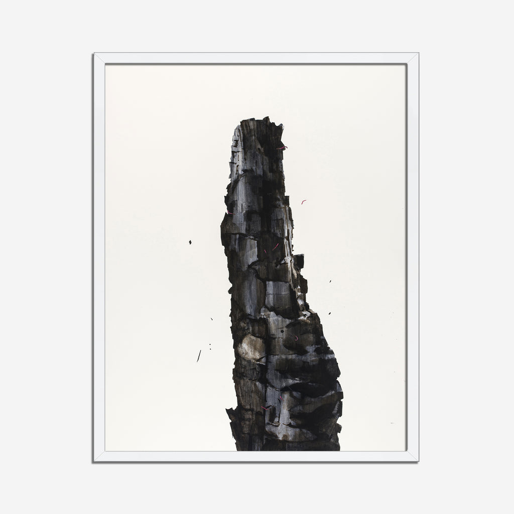 The artwork 'Burnt Wood' by Theresa Bloise features a dramatic vertical black form rising against a stark white background. The acrylic painting depicts a textured, charred-looking structure with layered, angular edges suggesting splintered wood. Dark tones and rough textures create a powerful contrast, capturing the raw essence of charred timber. 30x22 inches, acrylic on paper by Theresa Bloise.