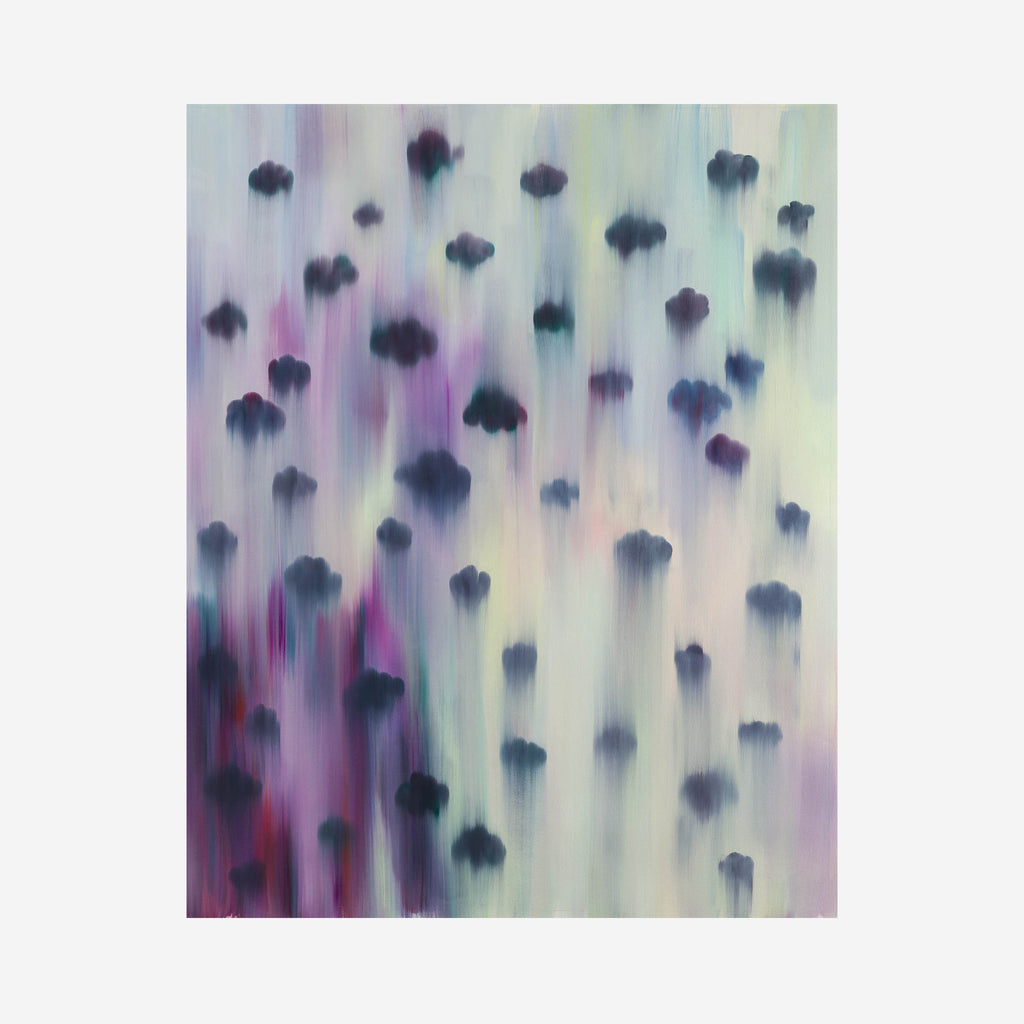 The artwork 'Cloud Busting' by Ketta Ioannidou features ethereal dark clouds floating against a dreamy backdrop of soft purples, blues, and cream. The clouds appear to be falling or floating downward, creating a sense of movement through blurred brushstrokes in oil paint, evoking a mystical atmospheric effect on canvas.
