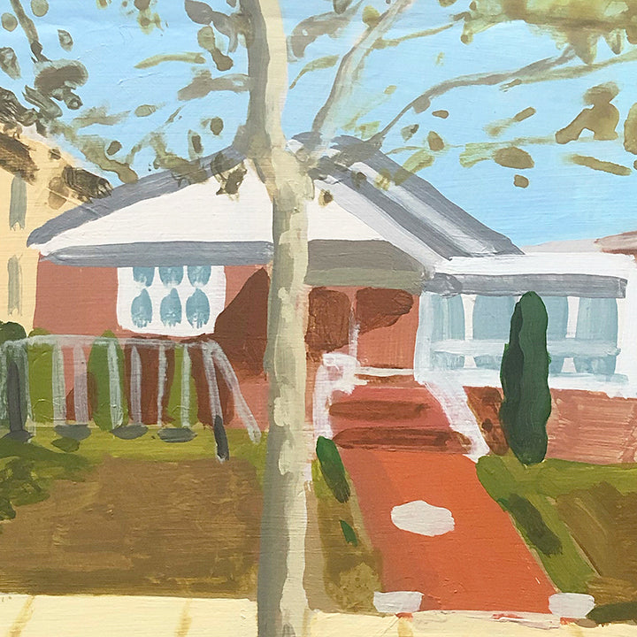Detail of an original figurative acrylic painting of a house, tree, and house by Michelle Selwa, an artist who has exhibited in New York, titled 256 Beaumont Street, October 2007