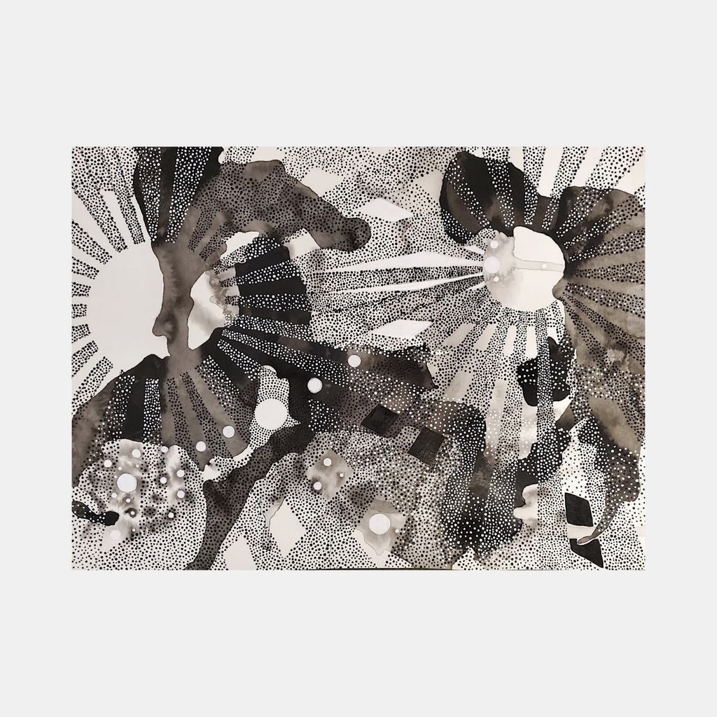 The artwork 'The Spheres Really Have Their Music #48' by Katie Niewodowski features abstract radiating spheres in black and white ink, creating a cosmic landscape. Dotted textures and flowing lines create dynamic movement, while contrasting light and dark elements suggest celestial bodies in motion. The monochromatic composition combines fluid acrylic and detailed stippling techniques.