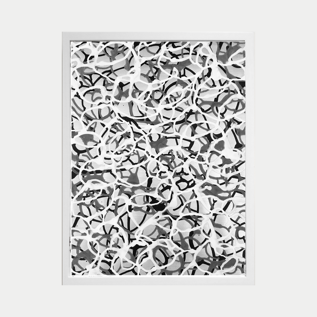 The artwork 'Gestural Pouring #6' by Eric Jiaju Lee features dynamic black and white abstract patterns, created through fluid acrylic pouring techniques on Bristol paper. The composition displays intricate, organic swirls and overlapping curved lines, creating a maze-like network of shapes that flow across the framed surface. By Eric Jiaju Lee.