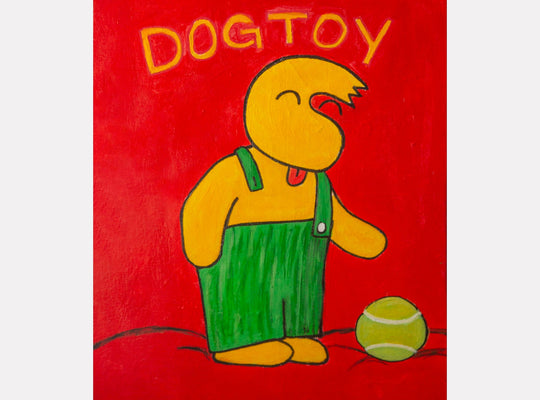 The artwork 'Dogtoy' by Andrew Psomas features a whimsical yellow cartoon character wearing green overalls standing beside a tennis ball against a vibrant red background. Created with acrylic paint and oil-based markers on canvas, the piece combines bold colors and simple lines in a playful, pop art style. 20x16 inches by Andrew Psomas.
