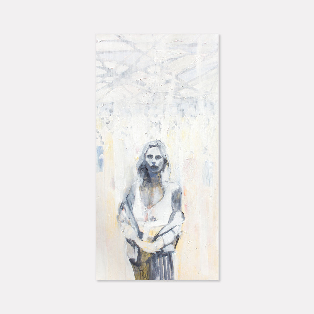 The artwork 'Dream Fairy' by Chris Baily features an ethereal figure rendered in soft grays and blues against a pale cream background. The composition utilizes loose, expressive brushstrokes in acrylic paint, creating a dreamlike atmosphere with textural white highlights and atmospheric effects. The vertical 36x18 inch canvas emphasizes the ethereal, floating quality of the abstract expressionist style.
