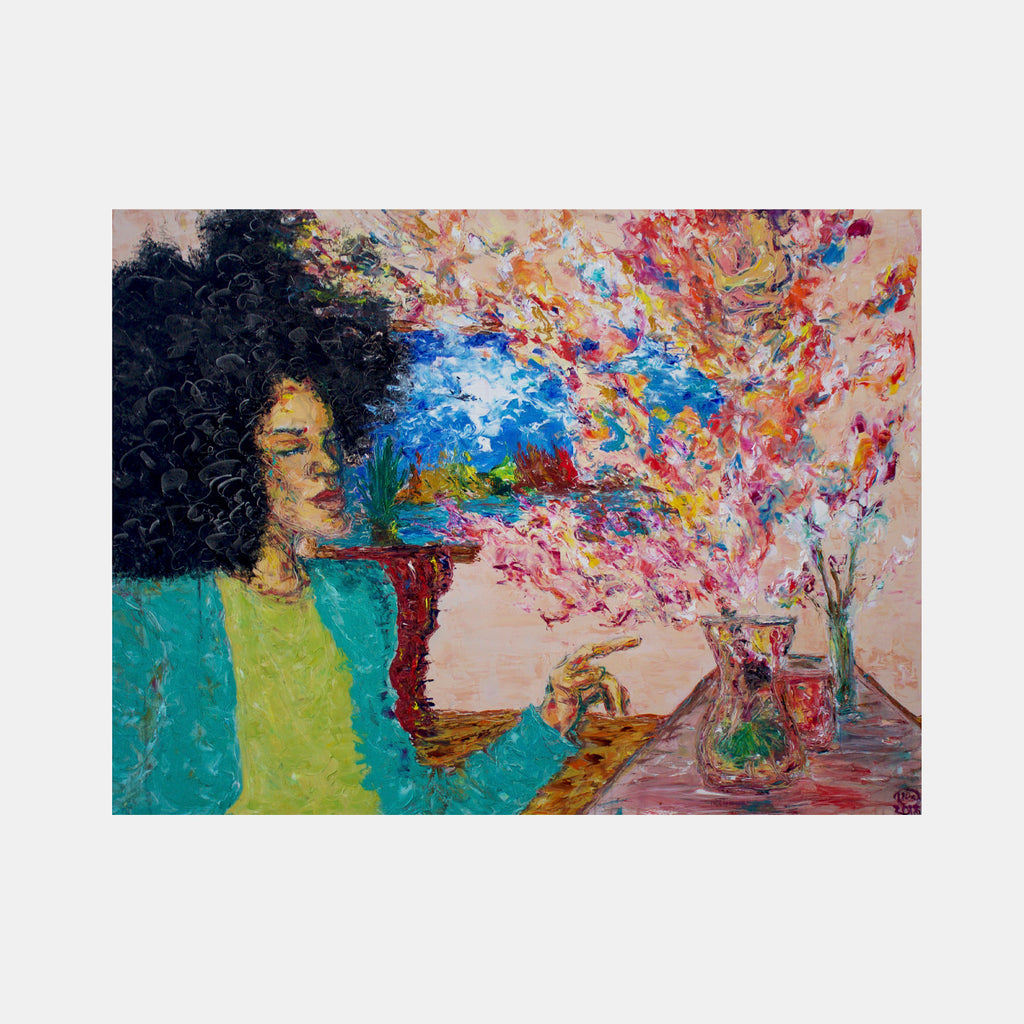The artwork 'Dream of Love' depicts a serene scene with vibrant impressionistic brushstrokes, featuring a composition in turquoise and lime green tones against an explosion of multicolored floral elements. The oil painting showcases dynamic textures with an expressive, contemporary style on canvas, measuring 40x60 inches. By Jadie Meprivert.