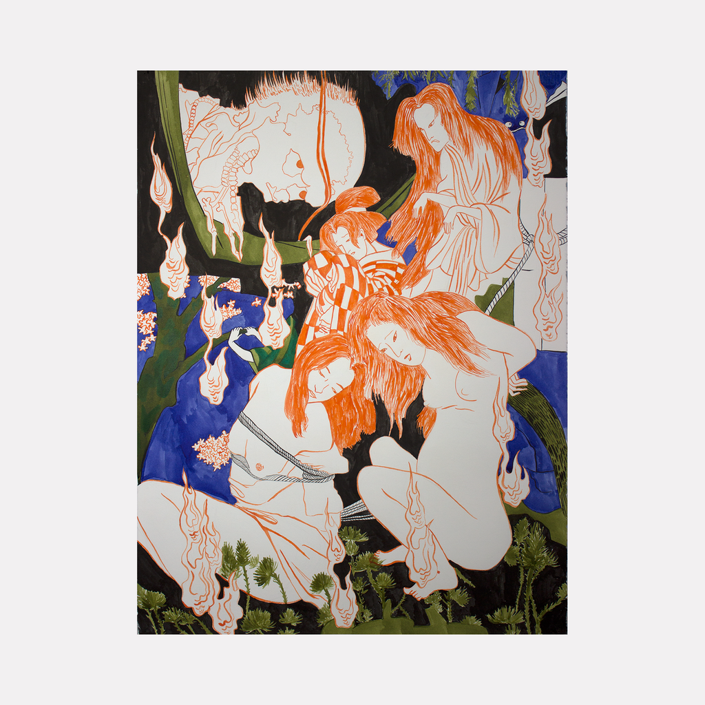 The artwork 'Peeping' by Eriko Hattori features a dynamic composition with ethereal figures rendered in delicate ink lines. Vibrant orange and deep blue hues contrast against white forms, creating a dreamlike atmosphere. Multiple floating figures intertwine among green foliage and dark backgrounds, showcasing a distinctive contemporary Japanese artistic style. Ink on paper, by Eriko Hattori.