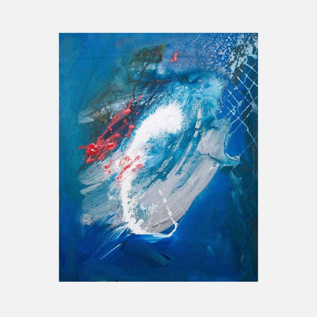 The artwork 'Global Warning' by Cavier Coleman features dynamic brushstrokes in deep azure blues and stark white, with striking red accents creating an abstract turbulent atmosphere. The acrylic painting on canvas showcases swirling textures and diagonal movements, suggesting environmental turmoil through its fluid composition and dramatic color contrasts. - Cavier Coleman