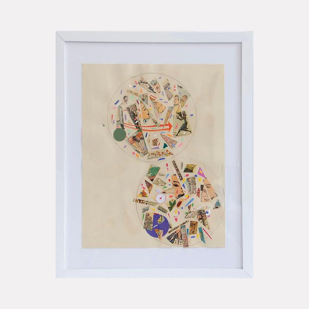 The artwork 'Optical Processing B' by Travis Witmer features two circular collage compositions on cream-colored paper. Each circle contains layered fragments of vintage papers, playing cards, and geometric shapes arranged in a dynamic, kaleidoscopic pattern. The upper circle showcases warm orange tones, while the lower circle incorporates deep purple accents, all displayed in a clean white frame. Created by Travis Witmer.