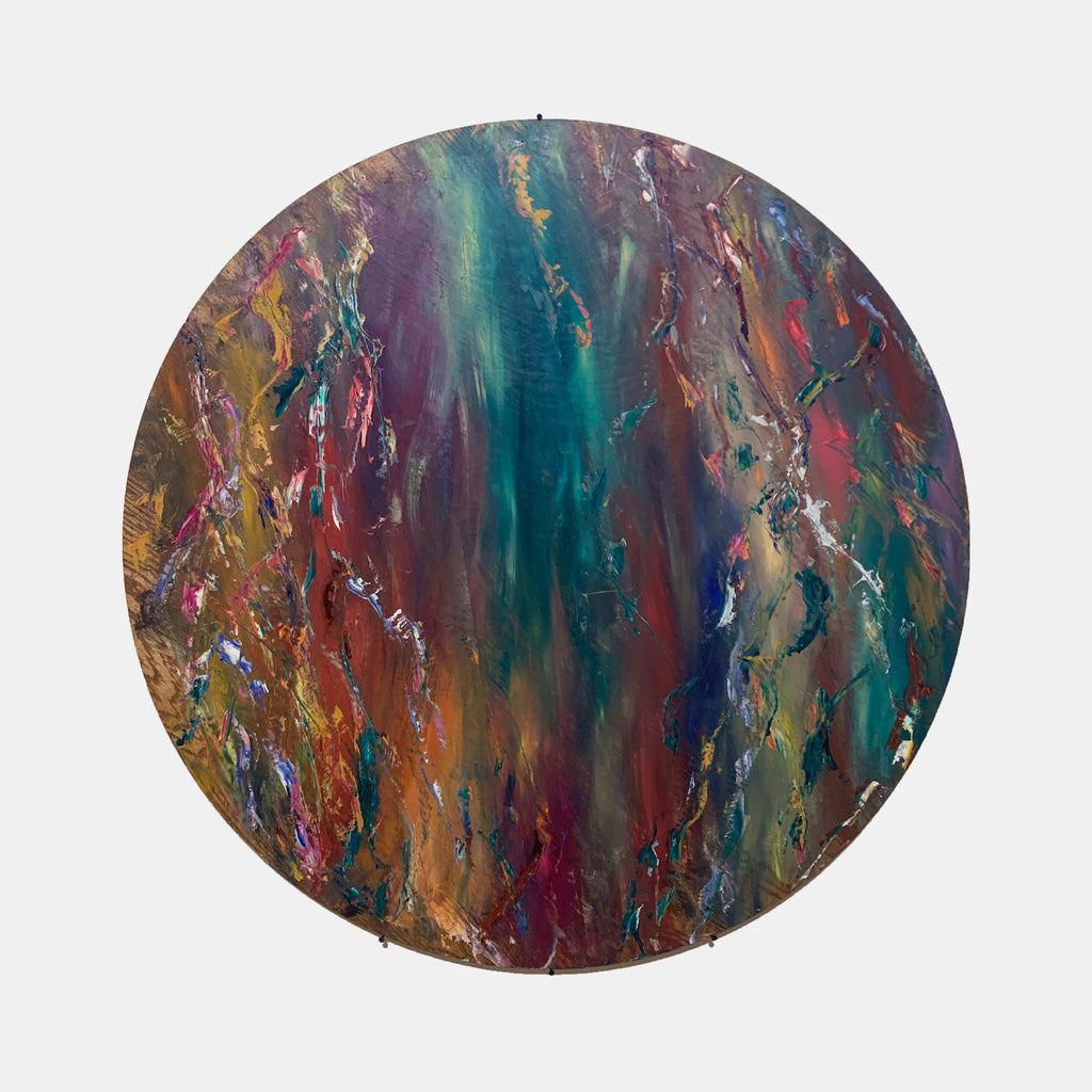 The artwork 'Impressions of Light 3' by Jadie Meprivert features a circular abstract composition with vibrant fluid strokes of teal, burgundy, gold, and coral. The oil on wood painting showcases dynamic vertical movements with rich textural elements, creating a dramatic interplay of light and shadow across its 48-inch diameter surface.