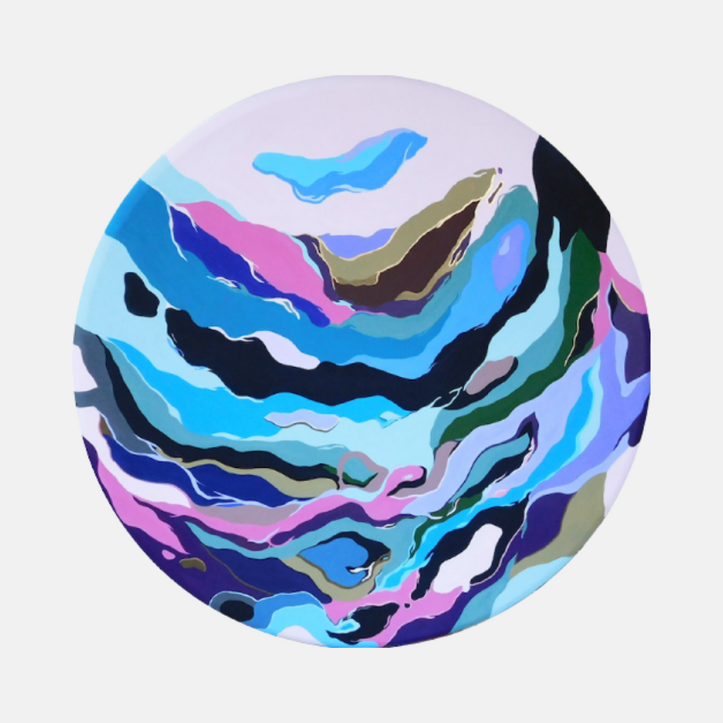 The artwork 'Kepler' by Ellannah Sadkin features a circular composition with fluid, wave-like layers in vibrant blues, pinks, and purples. Abstract swirling patterns create a cosmic atmosphere, reminiscent of planetary surfaces or aerial views of ocean currents. The 36-inch acrylic painting on canvas combines deep navy, turquoise, and lilac hues with olive accents, flowing in concentric organic formations.