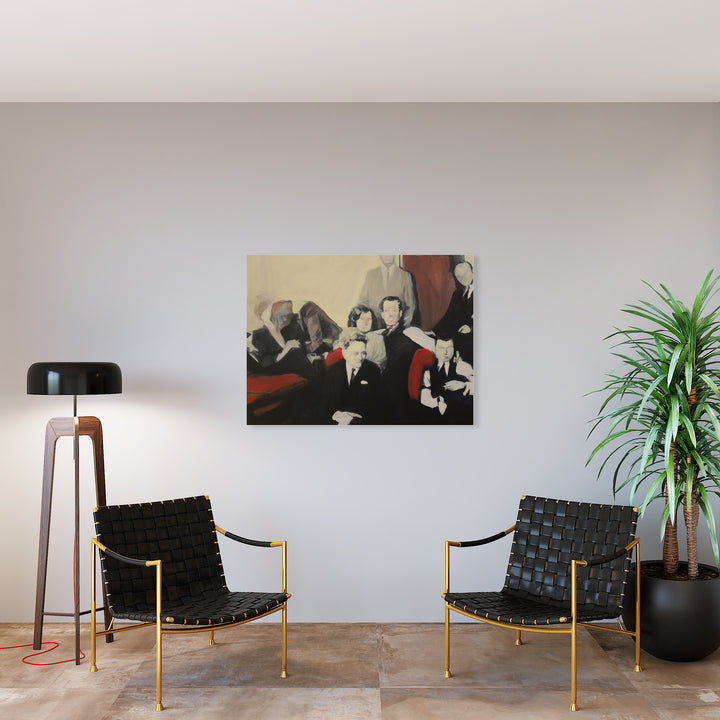 The artwork 'Late' by Chris Baily features a vintage-style monochromatic composition with figures depicted in dramatic black, white, and red tones on a cream background. The abstract expressionist acrylic painting showcases blurred, atmospheric forms creating a sense of movement and nostalgia. Displayed at 36x48 inches, the artwork hangs above stylish black woven leather chairs in a modern interior setting.