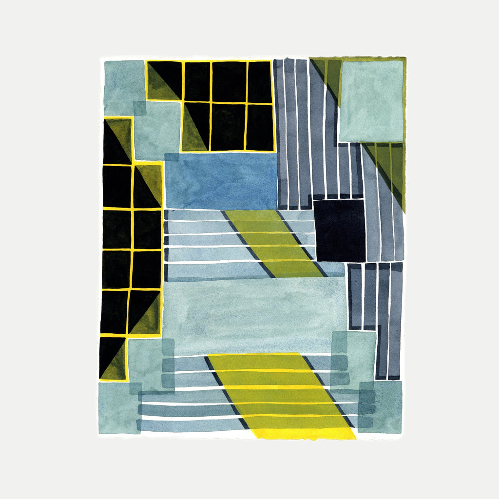 The artwork 'PPR264' by Max Manning features a geometric abstract composition in watercolor, ink, and gouache. Bold yellow lines intersect with soft mint green and blue blocks, creating a modernist architectural feel. Vertical grey stripes contrast with black rectangular shapes, forming a structured grid pattern on Arches watercolor paper.