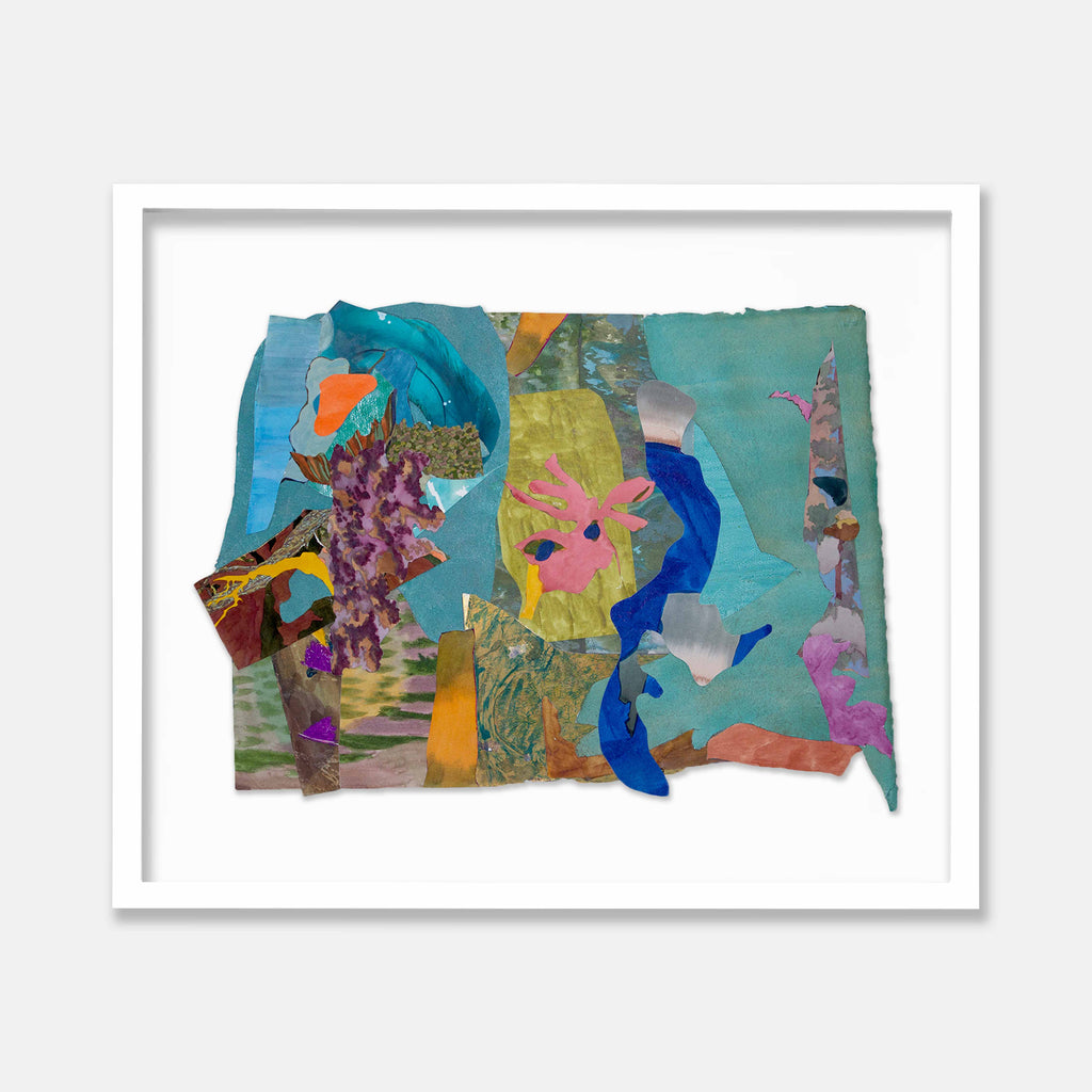 The artwork 'Mist' by Winnie Sidharta features a vibrant mixed-media collage combining torn paper elements and watercolor in shades of turquoise, orange, purple, and yellow. Abstract organic shapes flow across the composition, creating a dreamlike aquatic atmosphere. The layered paper pieces create depth and texture against the ethereal blue-green background, framed in white.