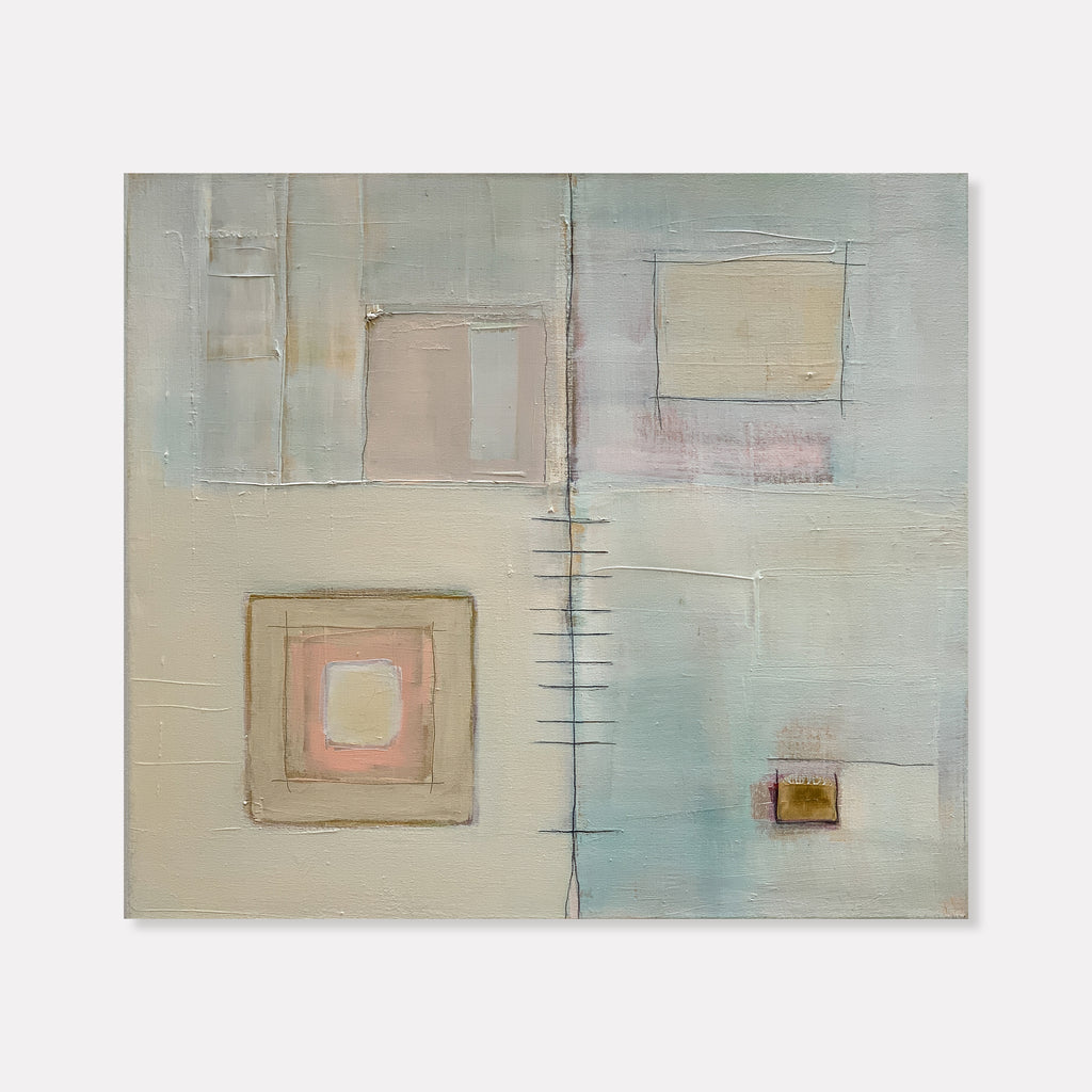 The artwork 'NORTHEAST' by Nina Meledandri features abstract geometric squares and rectangles in soft pastel hues of cream, pale blue, and blush pink. Textural brushstrokes and graphite lines create a minimalist composition with subtle layering effects. The oil painting showcases delicate color transitions and architectural elements on canvas.