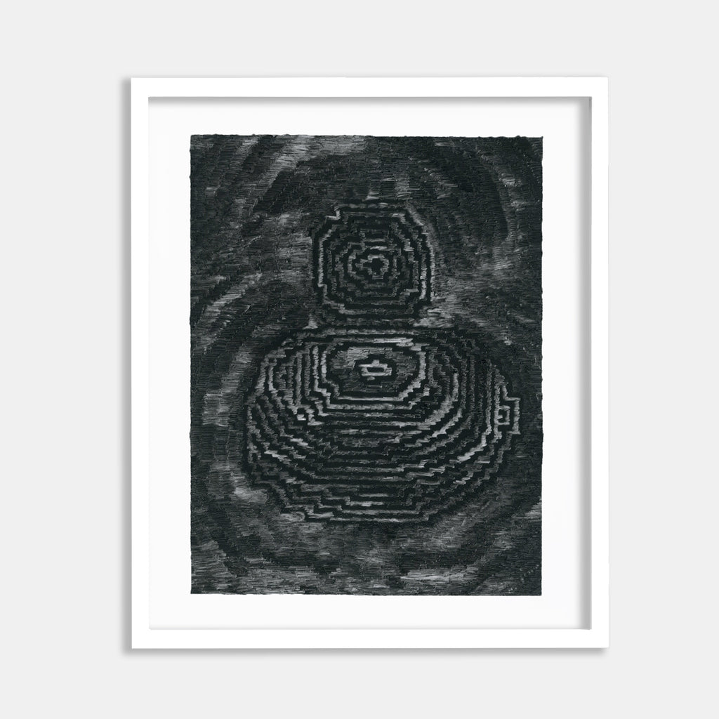 The artwork 'Now It Sees Itself' by Brittany Kieler features a geometric abstract design in black lithographic ink. Concentric octagonal patterns create a mysterious figure-like form against a textured dark background, rendered on white cotton rag paper. The design suggests depth through layered shapes and atmospheric textures.