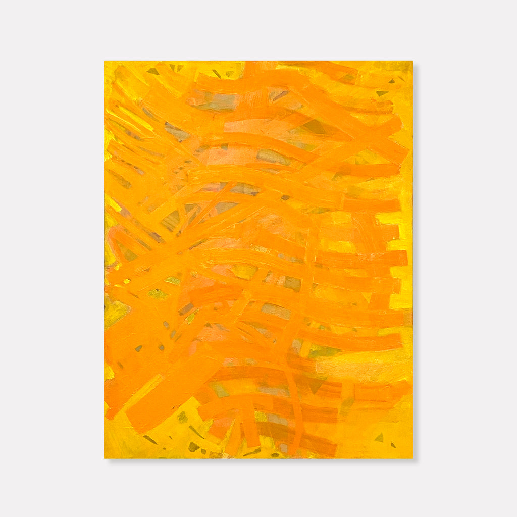 The artwork 'Orange Ebb' by Julie Shapiro features vibrant waves of orange and yellow hues flowing across the canvas in dynamic brushstrokes. The abstract composition creates a sense of movement through textured layers of oil paint, with subtle variations in tone creating depth and energy. The 36x28 inch painting demonstrates expressive modern artistic style by Julie Shapiro.