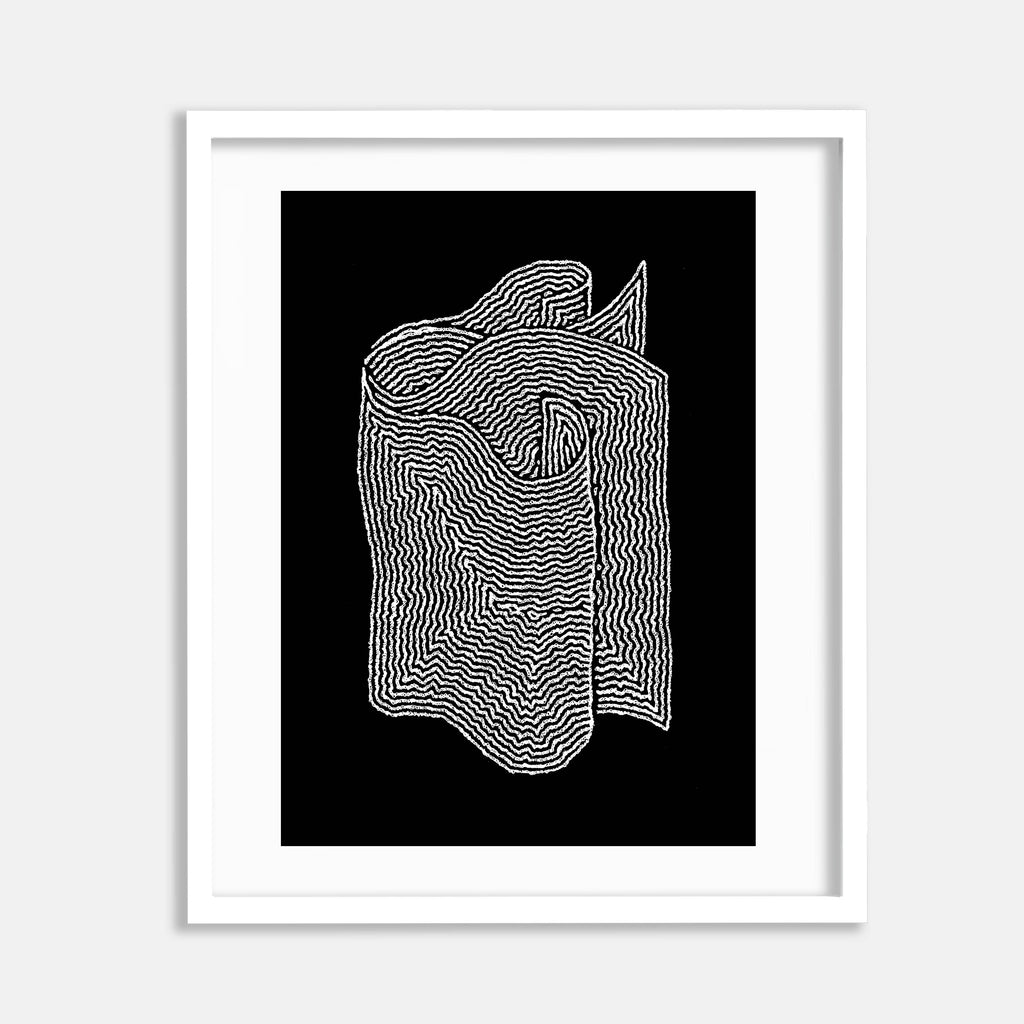 The artwork 'Orfice I' by Brittany Kieler features an abstract form created with intricate white line patterns on black background, resembling a topographic map or fingerprint texture. The flowing lines create a sculptural shape with curved edges and organic contours, printed in lithographic ink on cotton rag paper. The piece is displayed in a white frame.