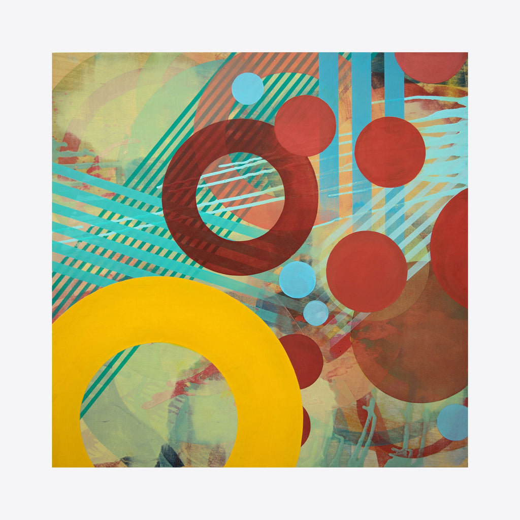 The artwork 'Cluster' by Linda Schmidt features bold geometric circles in vibrant yellow, red, and turquoise against a soft mint green background. Diagonal striped patterns intersect with floating circular forms, creating a dynamic abstract composition. Oil on panel technique adds depth and texture to this contemporary 22x22 inch artwork by Linda Schmidt.