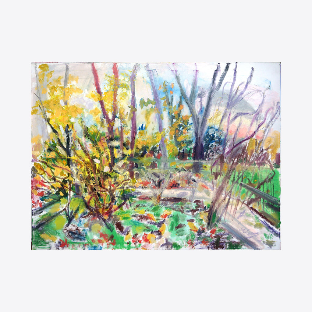 The artwork 'Feve' by Maureen Shea captures a vibrant woodland scene in oil on linen, featuring expressive brushstrokes of yellow autumn foliage, bare tree branches, and lush green undergrowth. The painting combines loose, energetic strokes with delicate details, creating a dynamic landscape filled with natural light and seasonal colors, measuring 30 x 40 inches by Maureen Shea.