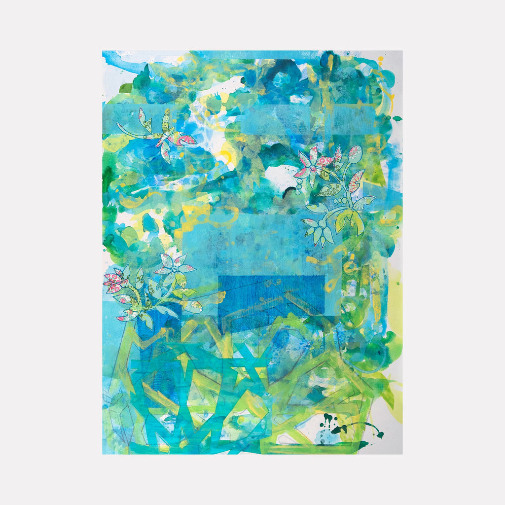 The artwork 'Garden of Earthly Delights' by Lisa Petker Mintz features ethereal watercolor composition in vibrant aqua and lime green hues. Delicate floral elements and abstract botanical forms float through a dreamy, layered landscape. The mixed media on canvas creates a fluid, underwater-like atmosphere with translucent washes and organic shapes. 40x30 inches by Lisa Petker Mintz.