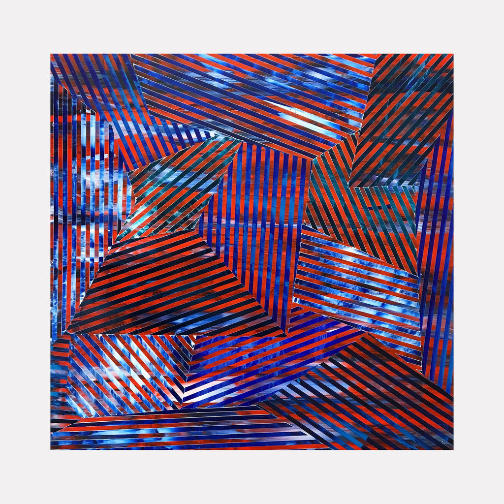 The artwork 'Glimpse' by Elyce Abrams features a dynamic geometric abstract composition with intersecting diagonal lines in vibrant red and electric blue. The pattern creates a sense of movement through overlapping striped segments, with metallic highlights adding depth and dimension. Acrylic on panel, 24x24 inches. By Elyce Abrams.