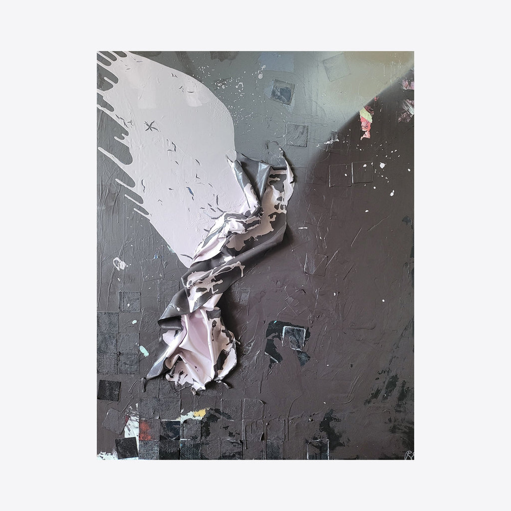The artwork 'Graduation Day' by Roger Hsia features a dynamic, abstract composition with a crumpled paper-like form emerging from a dark gray background. The central figure appears wing-like, rendered in white and pale pink tones, creating a dramatic contrast against the textured, industrial-style backdrop. The acrylic painting combines sculptural elements with splatter effects and geometric shapes scattered throughout the 60x48 inch canvas.