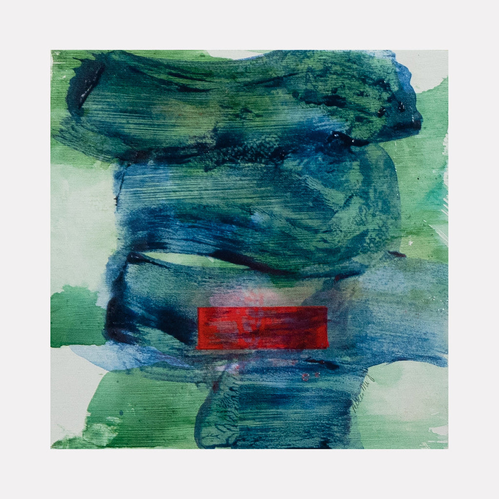 The artwork 'Small Debris Wave' by Lisa Petker Mintz features bold brushstrokes of deep turquoise and teal blues layered vertically across a pale background. A striking horizontal red rectangle punctuates the center, creating dynamic contrast. The acrylic paint application shows textural elements and fluid movement reminiscent of ocean waves or atmospheric turbulence. By Lisa Petker Mintz.