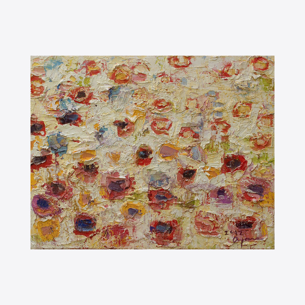 Spring Wants to Say Something #2 by Ayane Kurai: Abstract oil painting featuring impressionistic floral forms in vibrant coral, red, and orange against a textured cream background. Bold impasto technique creates dimensional blooms scattered across the canvas in a dynamic, spring-inspired composition.