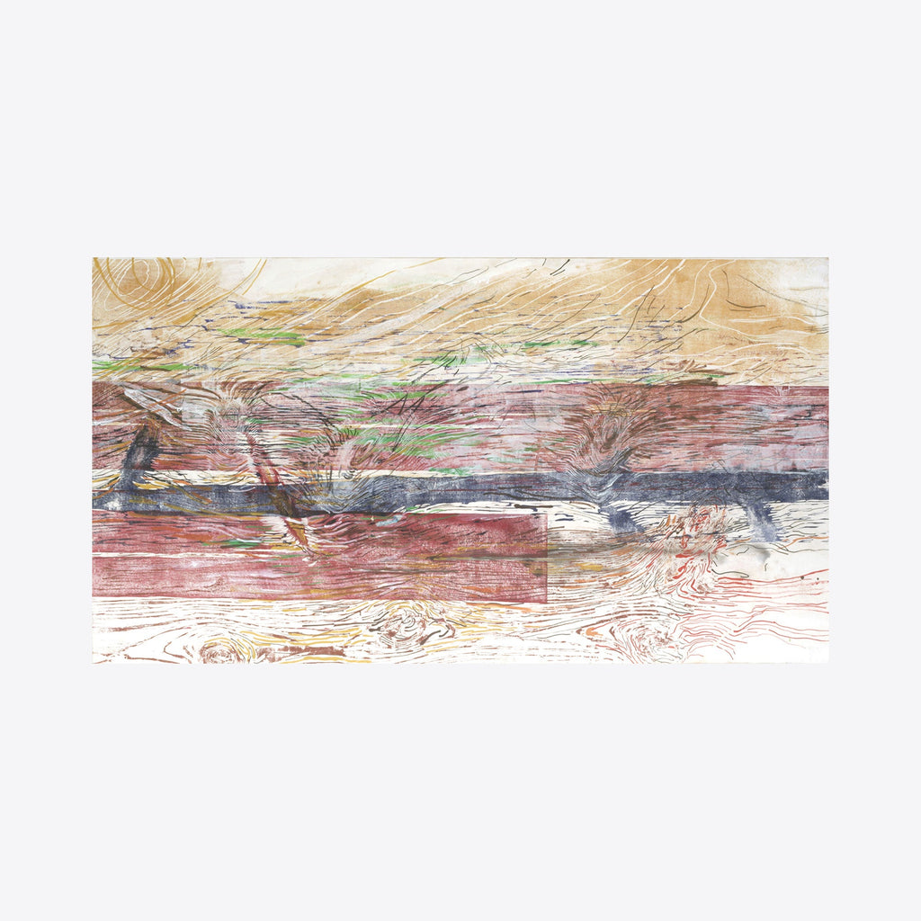 The artwork 'The Fallen' by Emna Zghal features a horizontal abstract landscape rendered in woodcut print, displaying layers of earthy reds, misty greens, and golden hues. Delicate linear patterns suggest weathered terrain, while fluid strokes create a dreamy, atmospheric effect, mounted on canvas - By Emna Zghal.