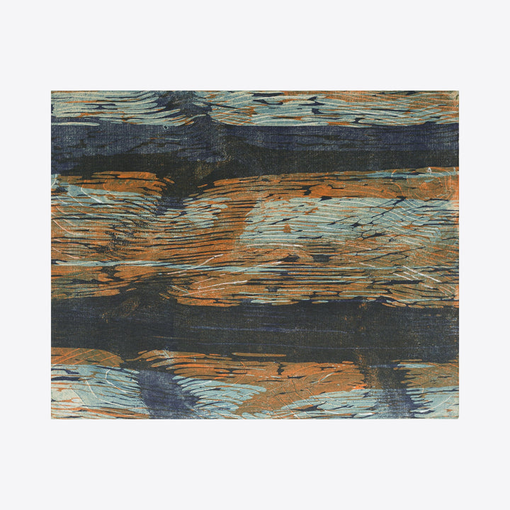 The artwork 'Elbows' by Emna Zghal features abstract horizontal striations in turquoise, copper, and deep navy blue. The woodcut print technique creates textural layers with rough, organic edges reminiscent of weathered wood or geological formations. The contrasting colors flow across the canvas in dynamic, wave-like patterns, mounted on canvas. By Emna Zghal.