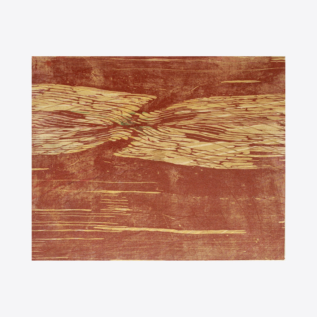 The artwork 'Entangled' by Emna Zghal features abstract woodcut patterns in terracotta and cream tones. Two wing-like forms intersect centrally, created through intricate linear striations, suggesting movement and fluidity. The rustic textural quality of the woodcut technique is evident in the grainy background and organic line work on paper mounted on canvas.