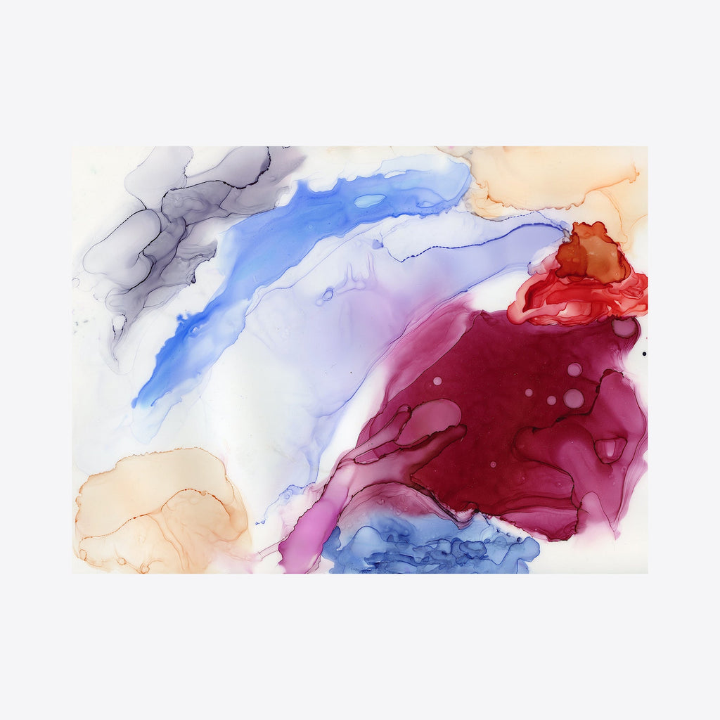 The artwork 'Free Form' by Lauren Packard features ethereal alcohol ink swirls on yupo paper, creating an abstract composition of deep burgundy, vibrant blue, and soft peach tones. The fluid medium creates organic shapes and translucent layers, with dramatic color transitions and delicate watercolor-like effects, measuring 9x12 inches. By Lauren Packard.