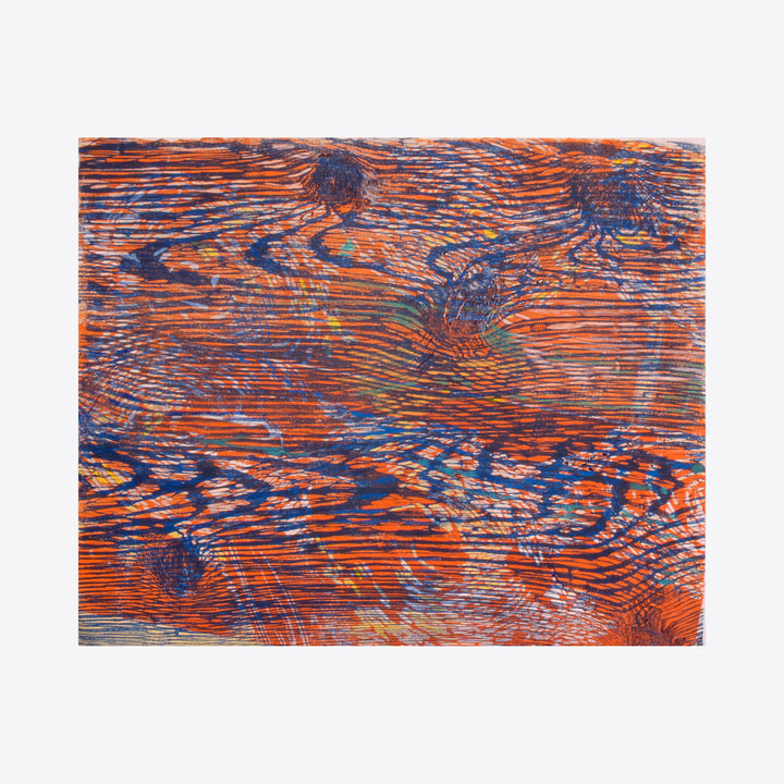 The artwork 'Gutturals' by Emna Zghal features dynamic horizontal woodcut lines in vibrant orange and deep blue, creating a textured pattern reminiscent of wood grain. Pastel accents add subtle dimension to the abstract composition, with sweeping strokes that suggest natural movement across the paper mounted on canvas by Emna Zghal.